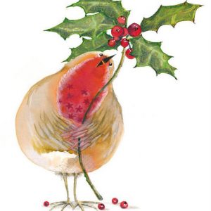 Weihnachtskarte - Moniek Peek - "Robin's Song" - Rotkehlchen mit Ilex-Zweig