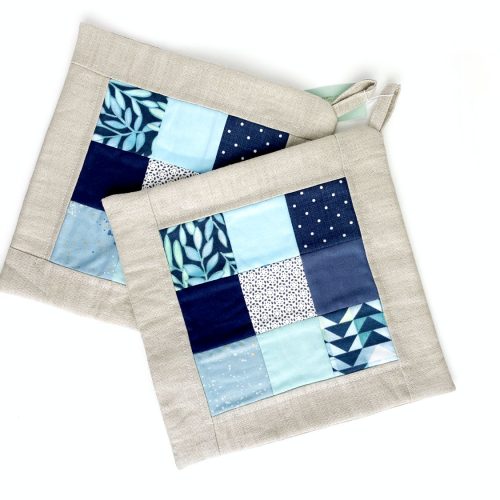 Topflappen-Set - Blaue Quadrate / Leinen