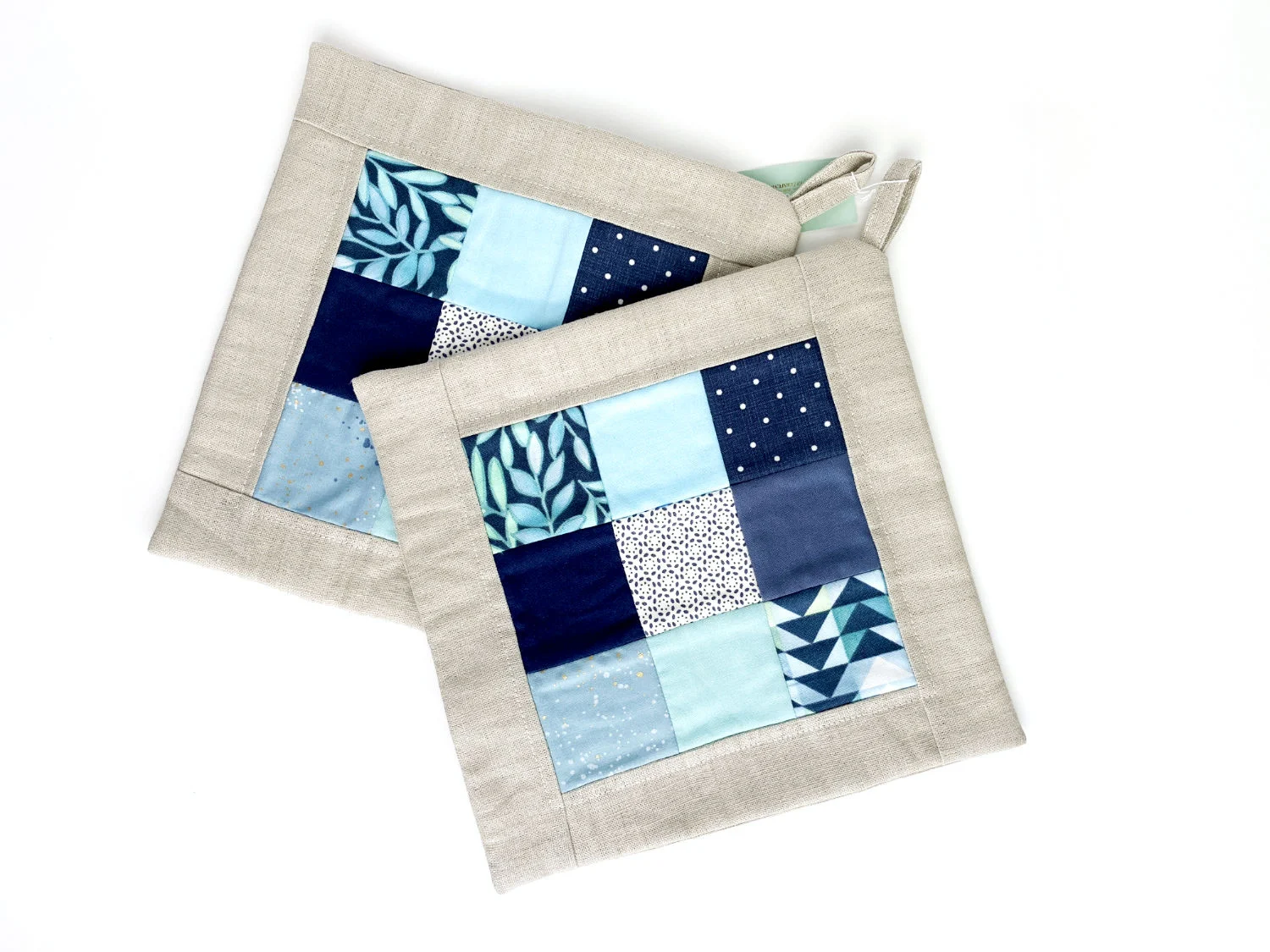 Topflappen-Set - Blaue Quadrate / Leinen
