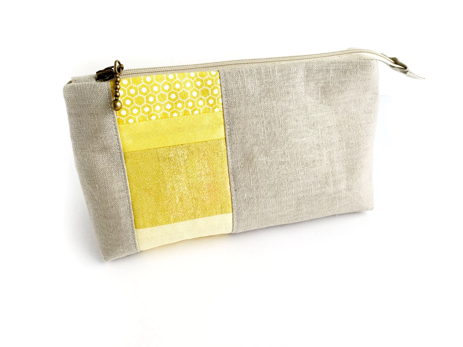Reißverschlußtasche - Patchwork, gelb mit Leinen