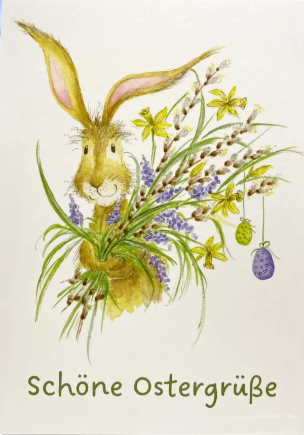 Postkarte - Schöne Ostergrüße - Hase mit Blumenstrauß - Gisela Herberger