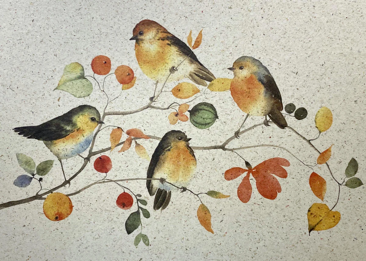 Postkarte - Vögel auf Zweigen