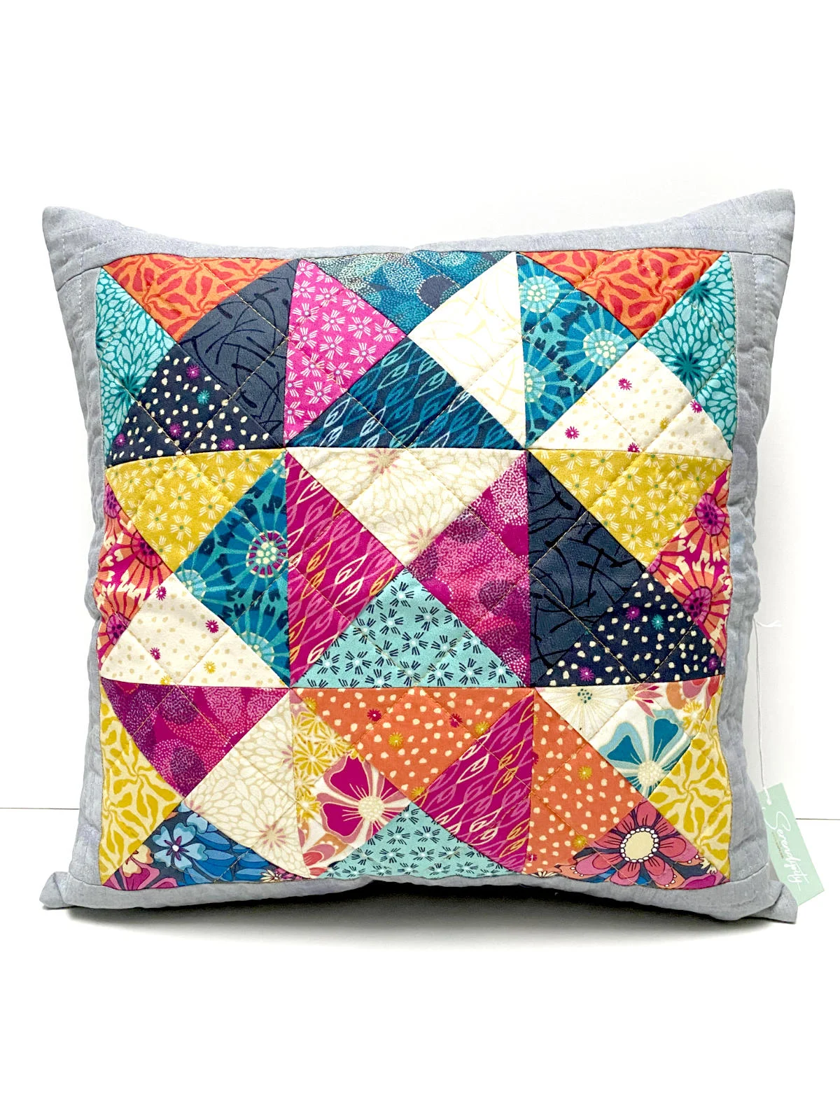 Patchwork-Kissenhülle - Hour Glass grau/bunt