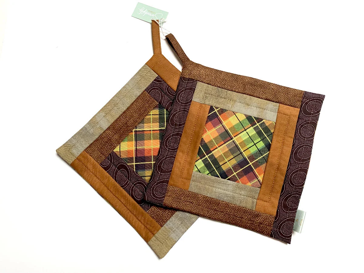 Topflappen-Set - Log Cabin - Braun / kariert