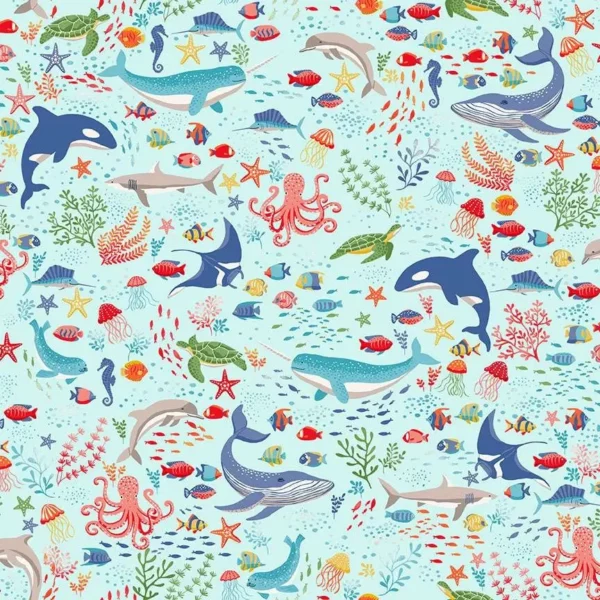 Deep Blue Sea - Creatures Light Blue - Makower - 137_B2