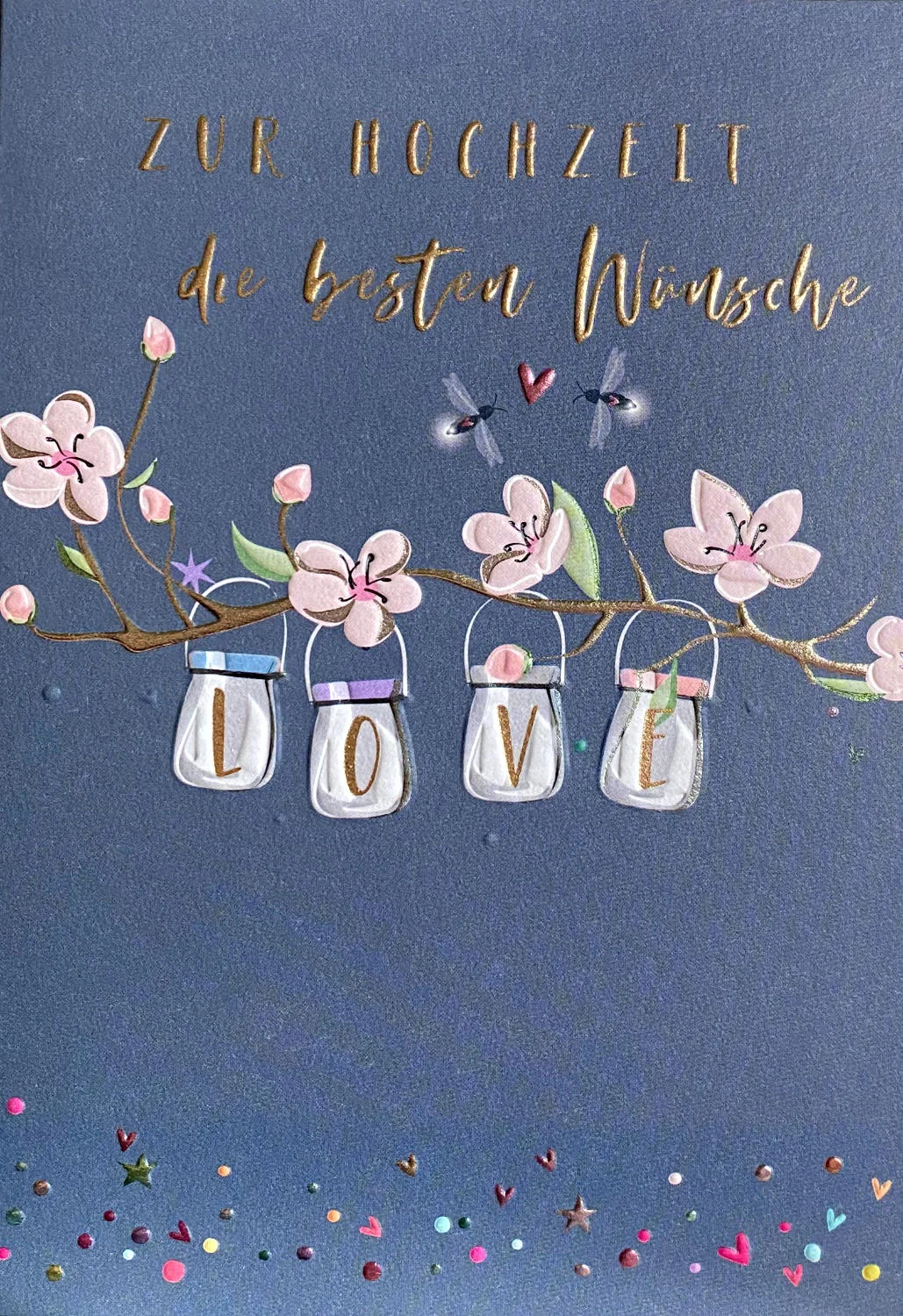 Grußkarte - "Zur Hochzeit die besten Wünsche" - Kirschblüten & Glühwürmchen